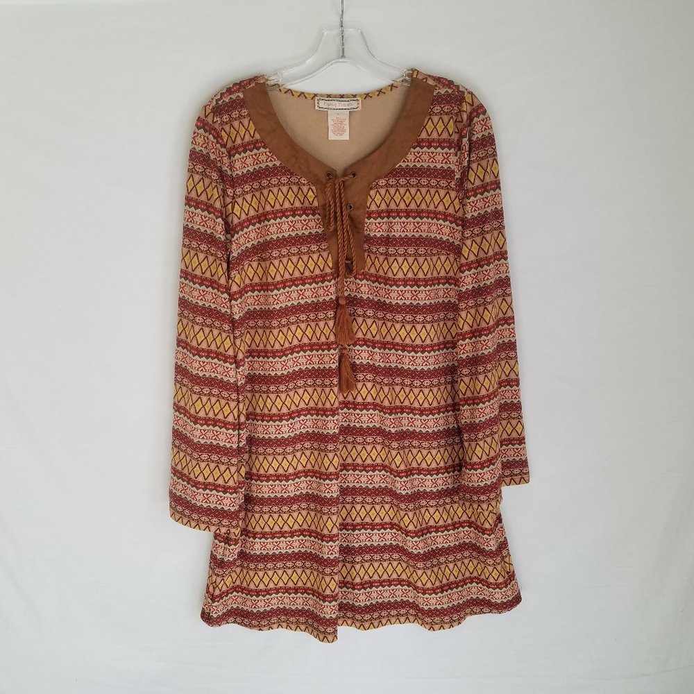 Flying Tomato Aztec Tribal Print Suede Trim Tunic Top Dress Womens Large